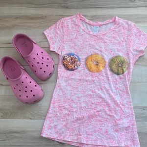 Girls Pink Bundle. Pink Crocs size 1 and M Donut Shirt.